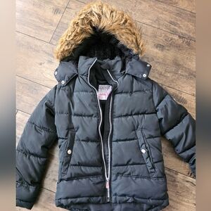Kensie Black Puffer Jacket with‎ Tan Faux Fur Sz 7-8